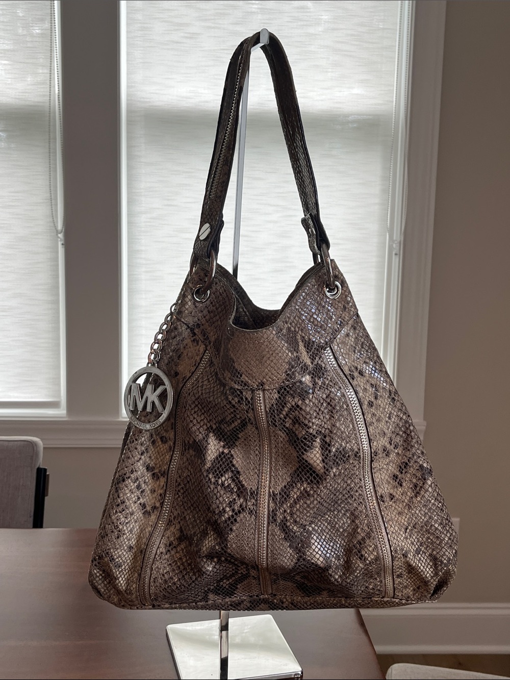 Michael Kors Brown Snake-Print Leather Shoulder Hobo